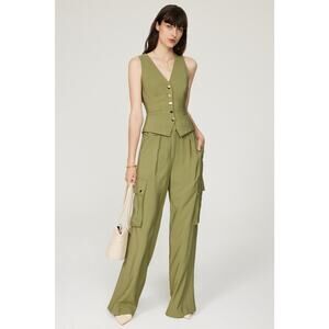 RAMY BROOK Women's Green Satin Style Cargo Gold Button Detail Emil Pants size 8